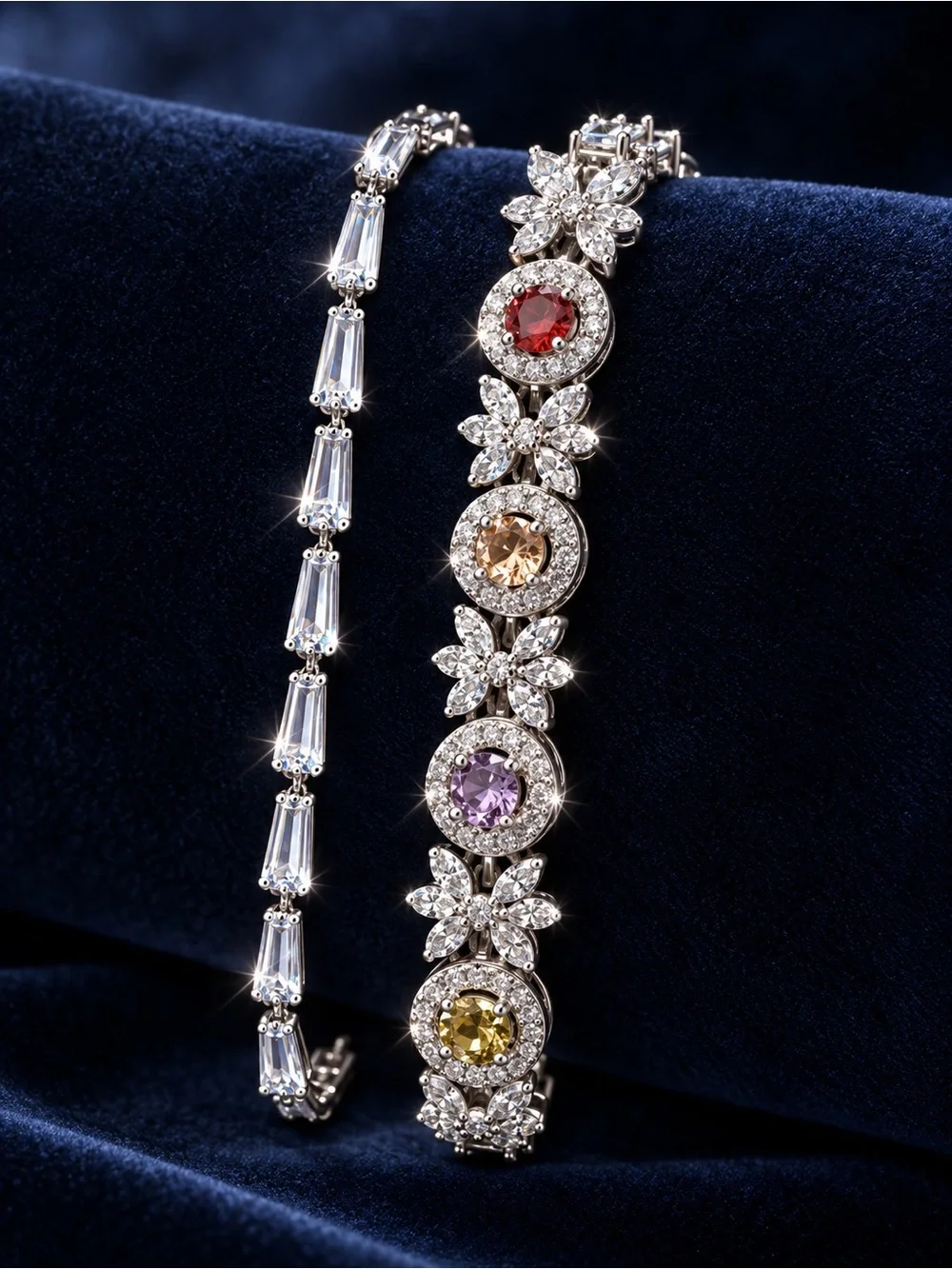 Silver Multi-Gemstone Floral Tennis Bracelet Hypoallergenic- Women Jewelry